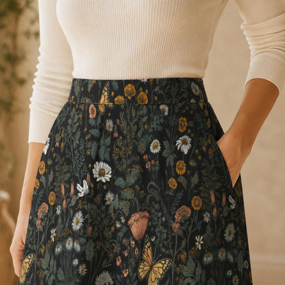 Dark Botanical Butterfly Midi Skirt, Moody Floral Garden A Line, Cottagecore Summer Style