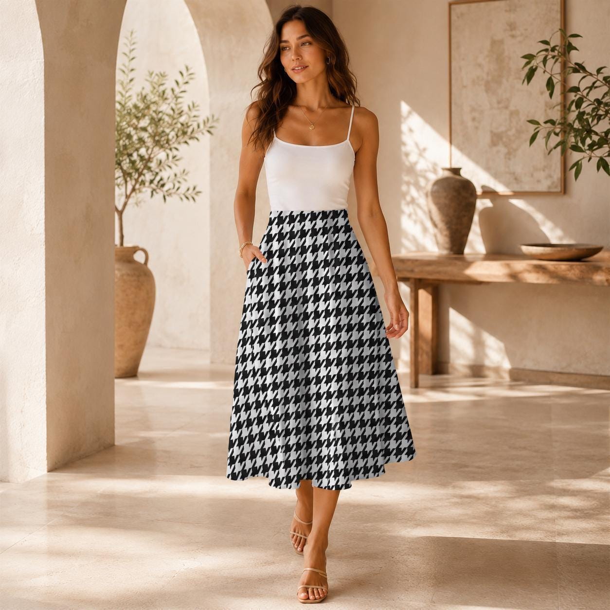 Houndstooth Midi Swing Skirt, Black White Check, Vintage Style Office Brunch Outfits
