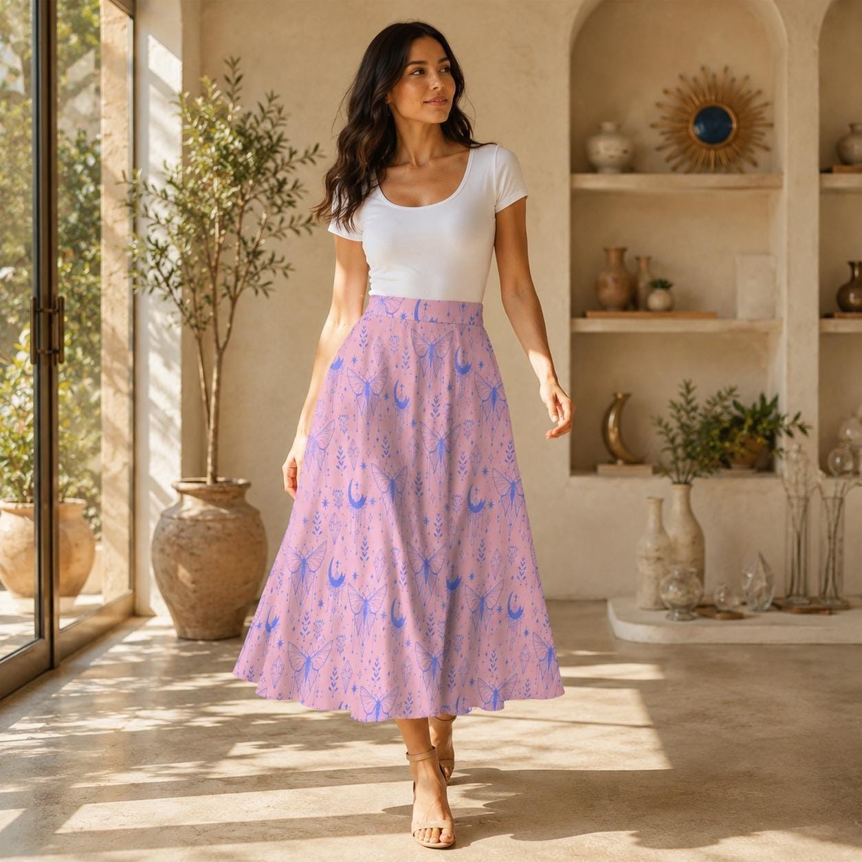 Fairycore Celestial Butterfly Maxi Skirt, Flowy Purple Moon Print Summer Festival