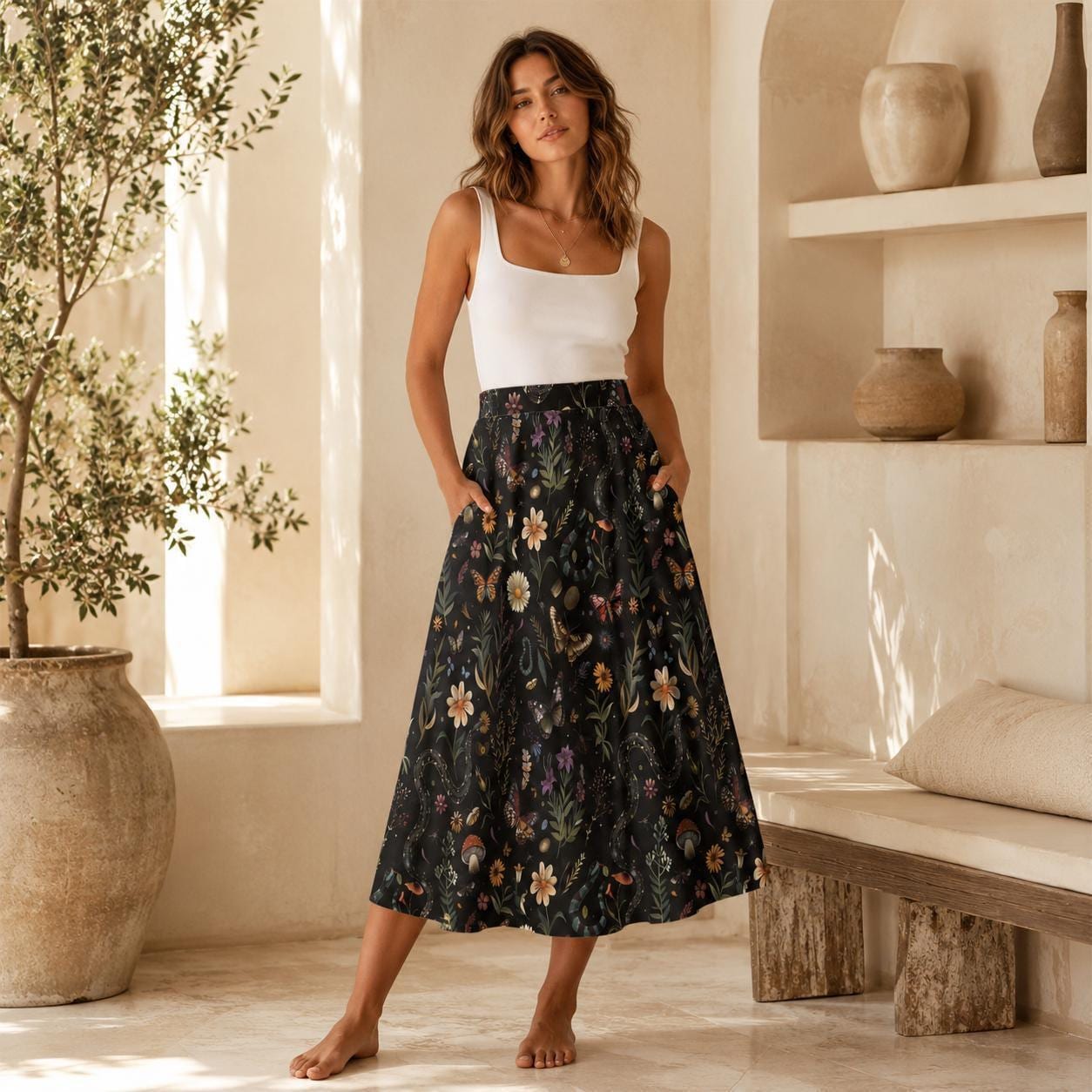 Dark Botanical Mushroom Midi Skirt, Cottagecore Floral Print, High Waist Pockets