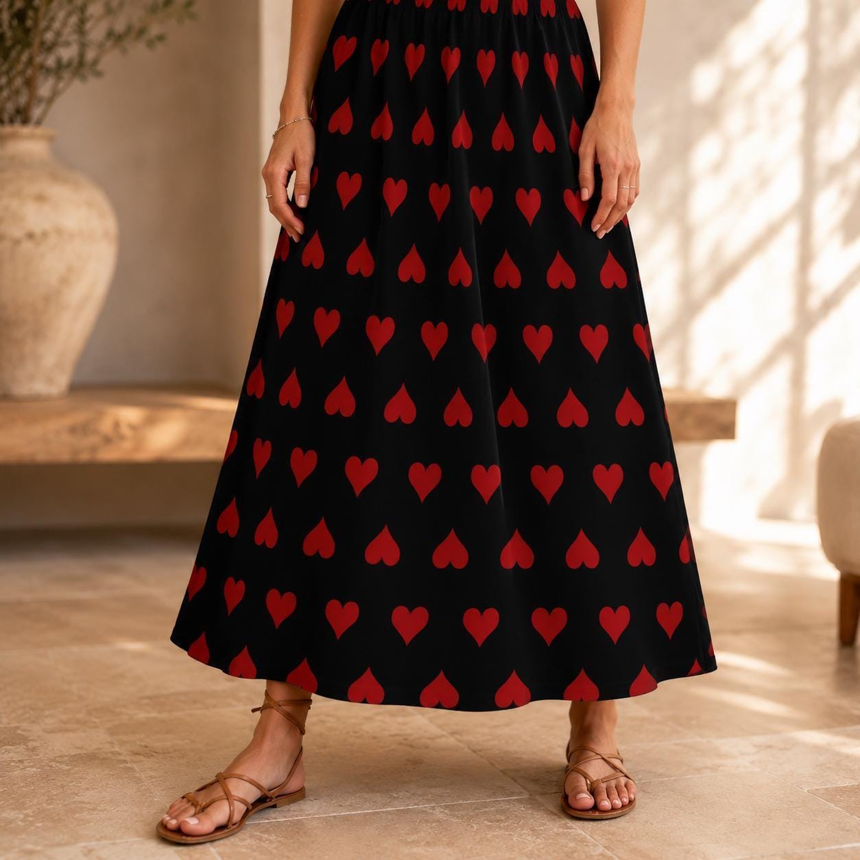 Black Red Heart Maxi Skirt, High Waist Flowy A-Line, Dark Romantic Style