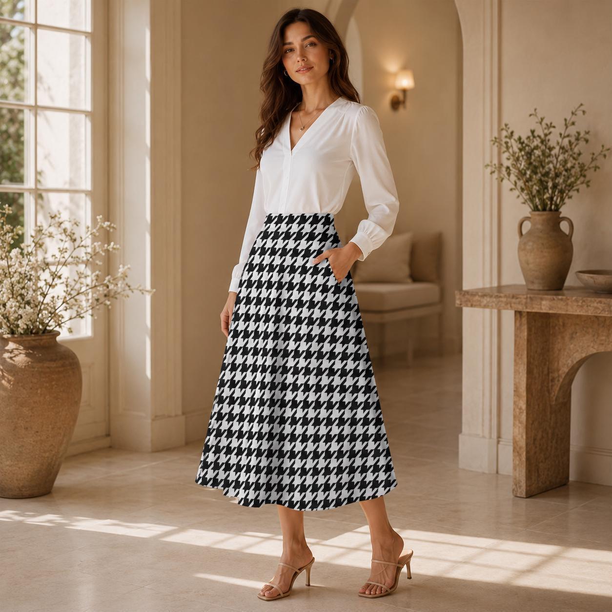 Houndstooth Midi Swing Skirt, Black White Check, Vintage Style Office Brunch Outfits