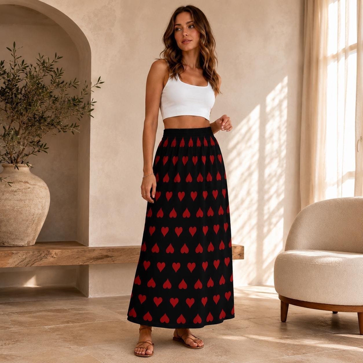 Black Red Heart Maxi Skirt, High Waist Flowy A-Line, Dark Romantic Style