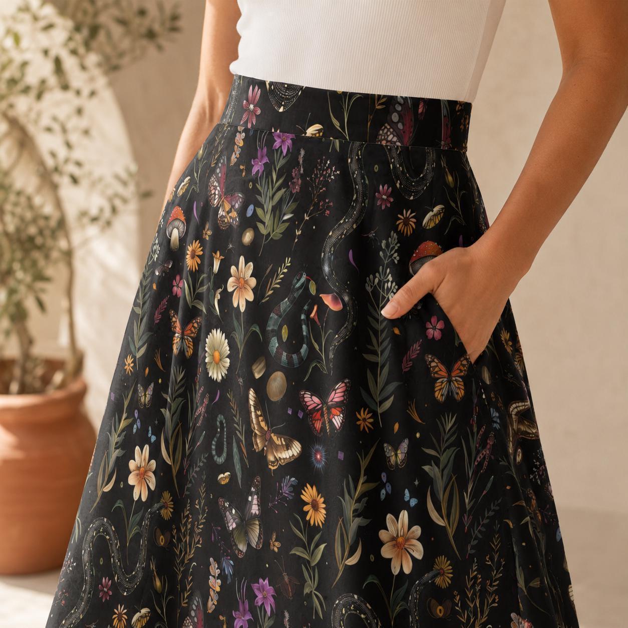 Dark Botanical Mushroom Midi Skirt, Cottagecore Floral Print, High Waist Pockets