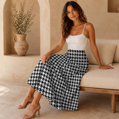 Houndstooth Midi Swing Skirt, Black White Check, Vintage Style Office Brunch Outfits