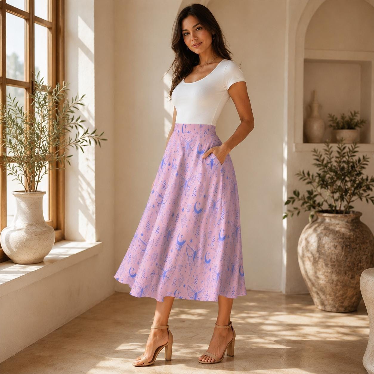 Fairycore Celestial Butterfly Maxi Skirt, Flowy Purple Moon Print Summer Festival