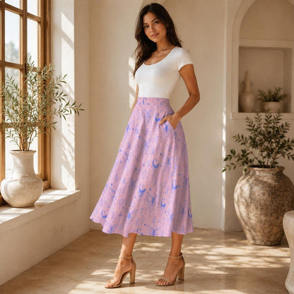 Fairycore Celestial Butterfly Maxi Skirt, Flowy Purple Moon Print Summer Festival