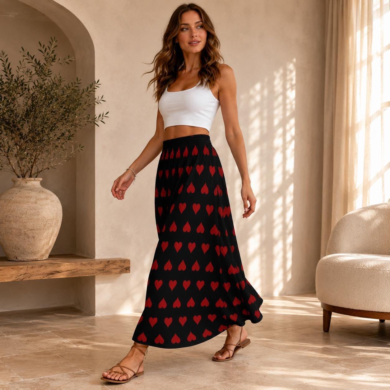 Black Red Heart Maxi Skirt, High Waist Flowy A-Line, Dark Romantic Style
