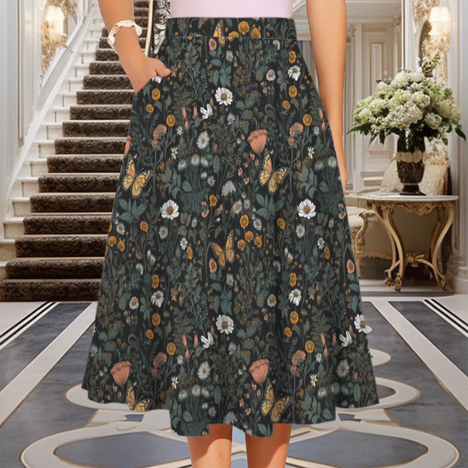 Dark Botanical Butterfly Midi Skirt, Moody Floral Garden A Line, Cottagecore Summer Style