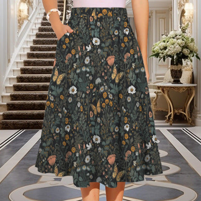 Dark Botanical Butterfly Midi Skirt, Moody Floral Garden A Line, Cottagecore Summer Style