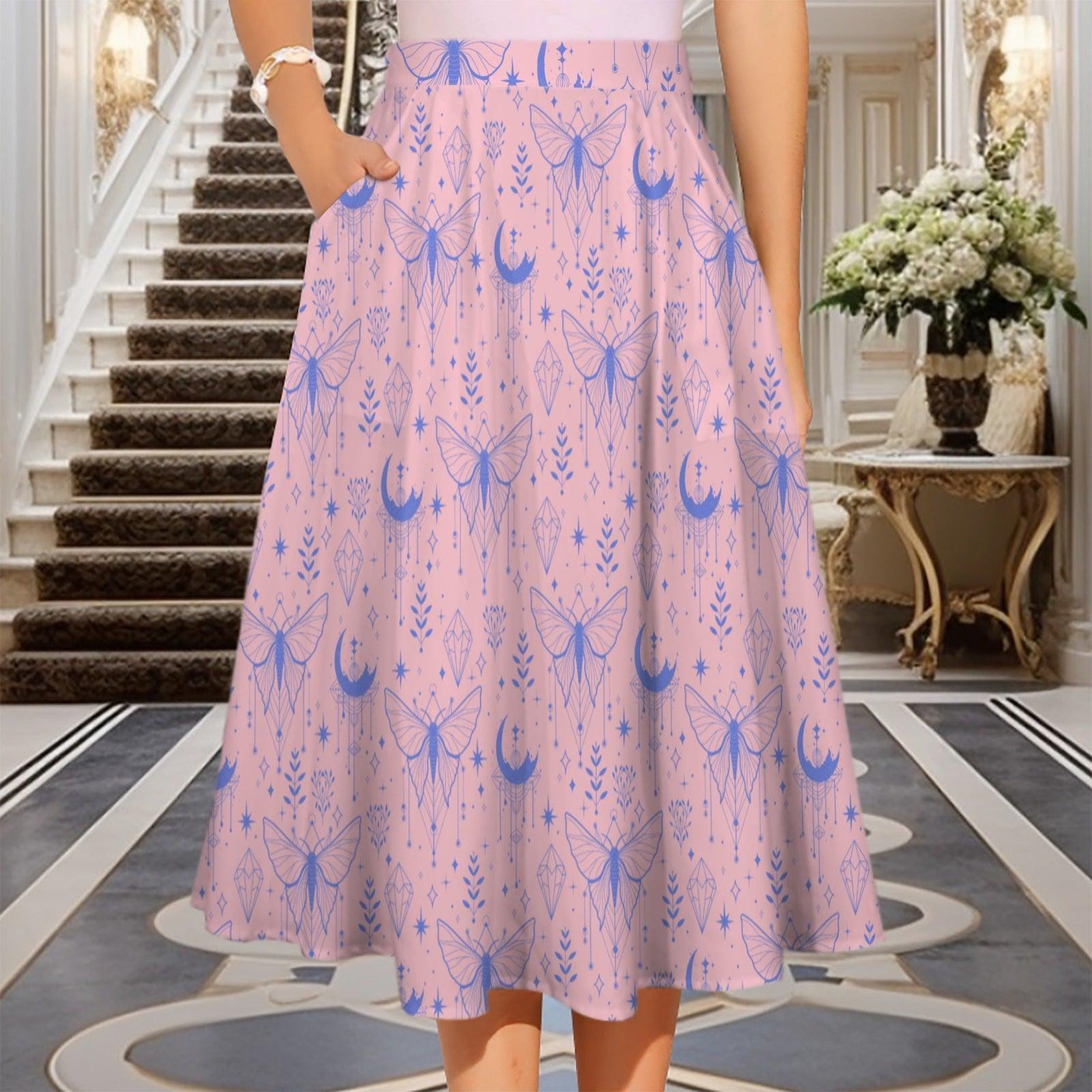 Fairycore Celestial Butterfly Maxi Skirt, Flowy Purple Moon Print Summer Festival