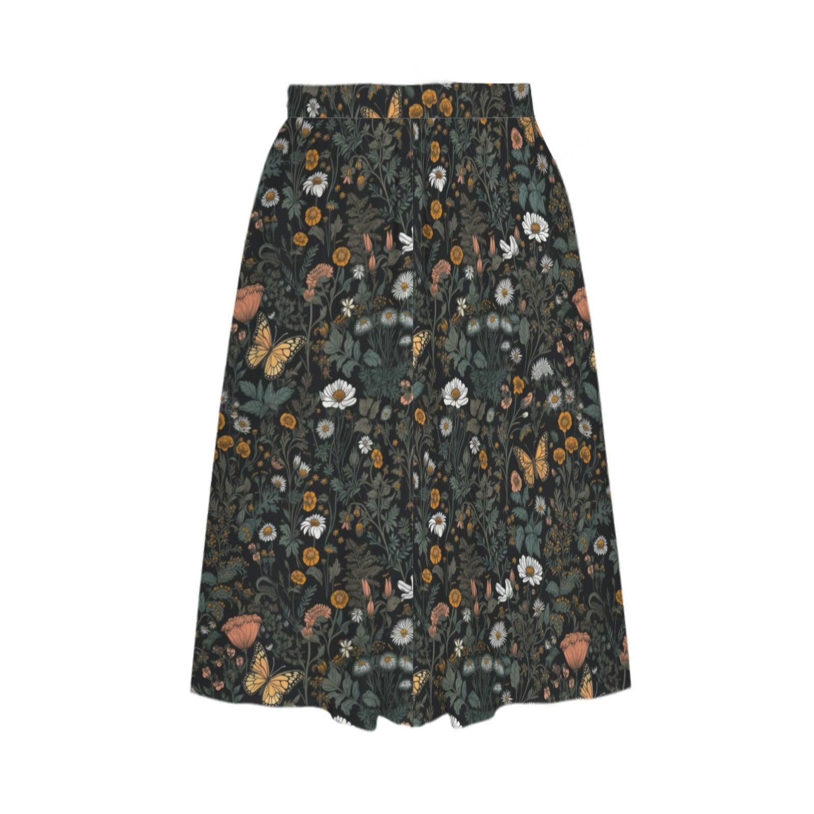 Dark Botanical Butterfly Midi Skirt, Moody Floral Garden A Line, Cottagecore Summer Style