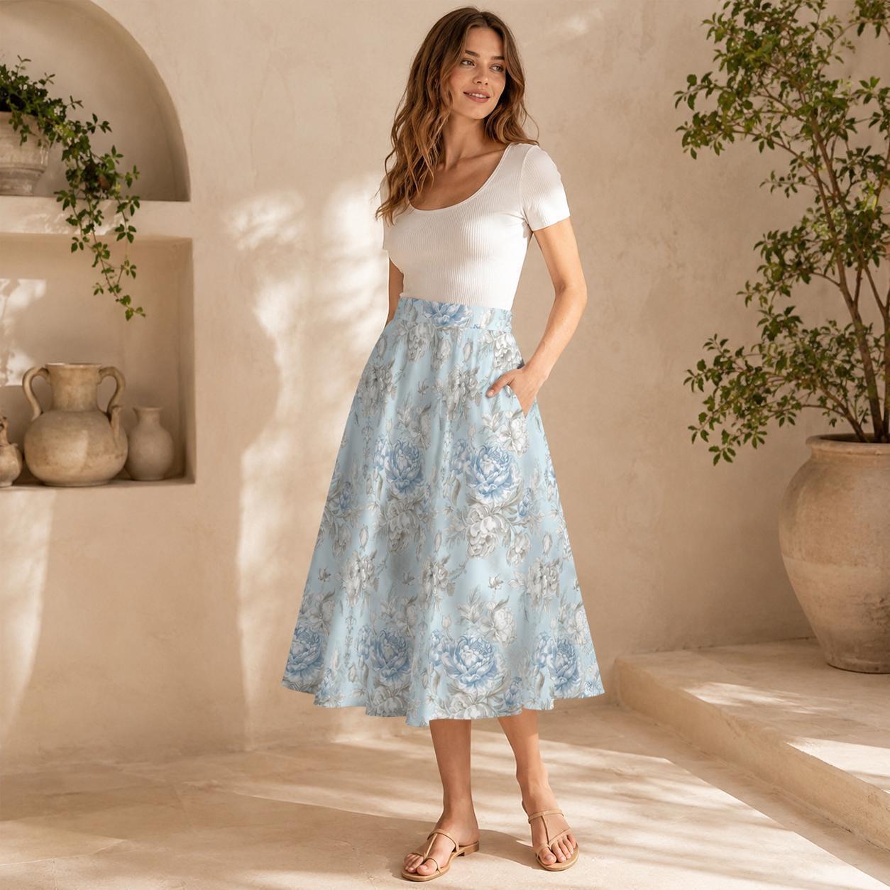 Blue Floral Midi Skirt, Romantic Peony Print, High Waist Cottagecore Summer Skirt