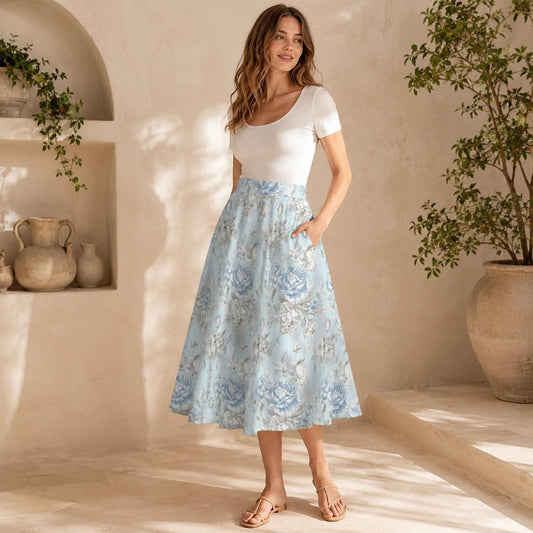 Blue Floral Midi Skirt, Romantic Peony Print, High Waist Cottagecore Summer Skirt