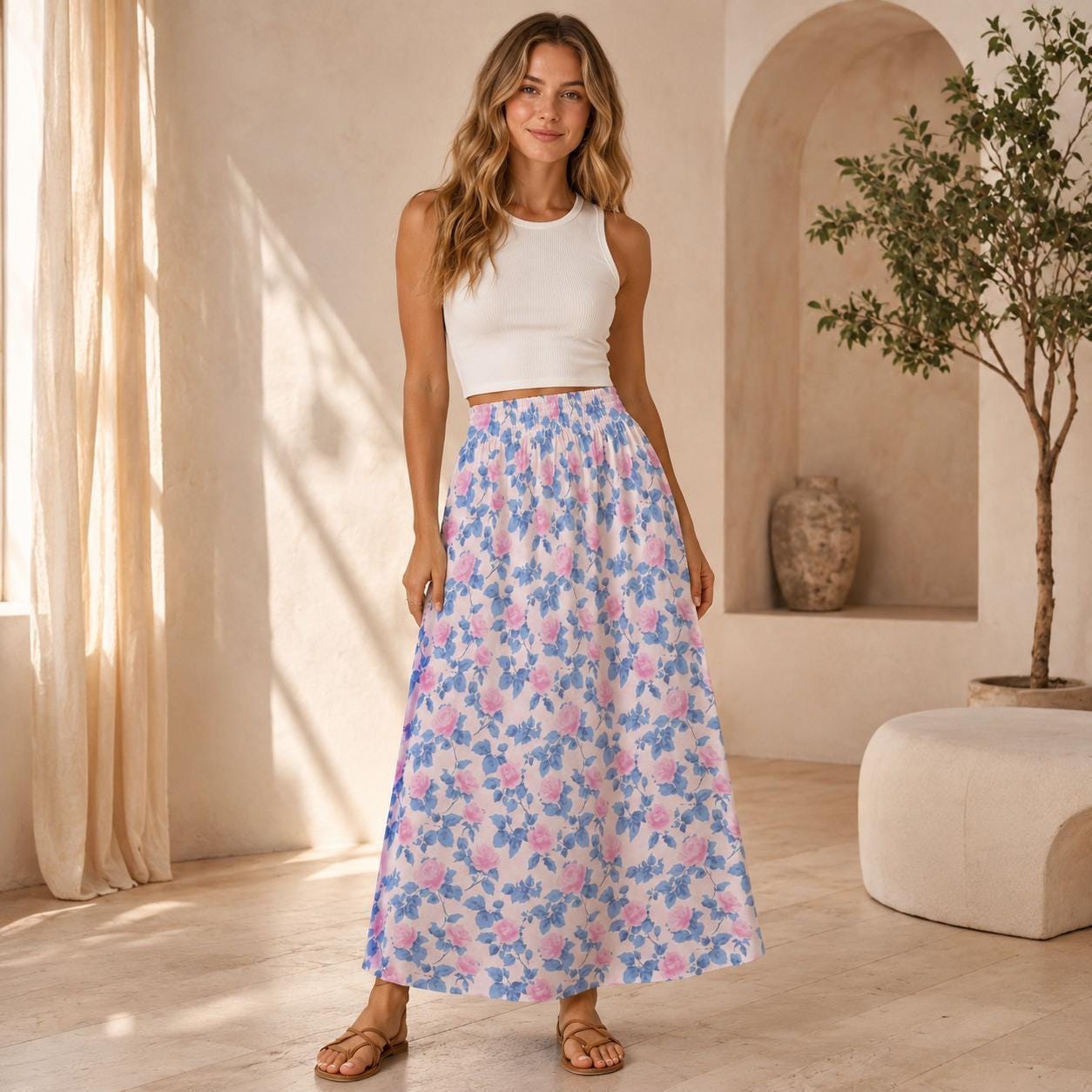 Blue Floral Maxi Skirt, Pink Roses, Cottagecore, High Waist, Flowy Ankle Length, Garden Party