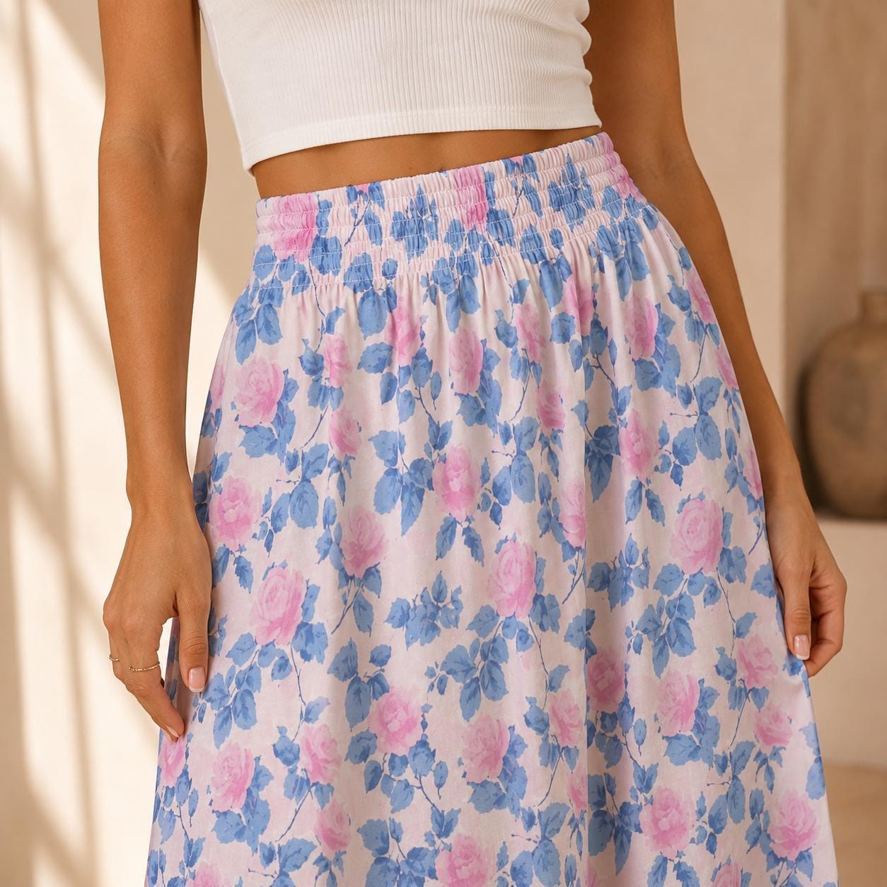 Blue Floral Maxi Skirt, Pink Roses, Cottagecore, High Waist, Flowy Ankle Length, Garden Party