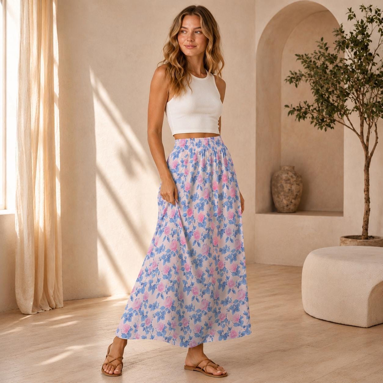 Blue Floral Maxi Skirt, Pink Roses, Cottagecore, High Waist, Flowy Ankle Length, Garden Party