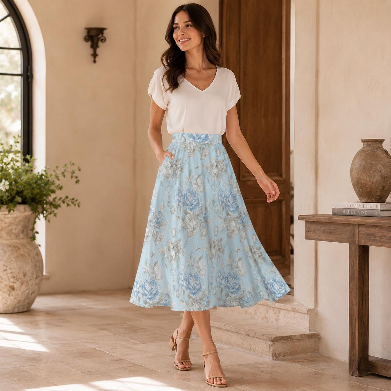 Blue Floral Midi Skirt, Romantic Peony Print, High Waist Cottagecore Summer Skirt
