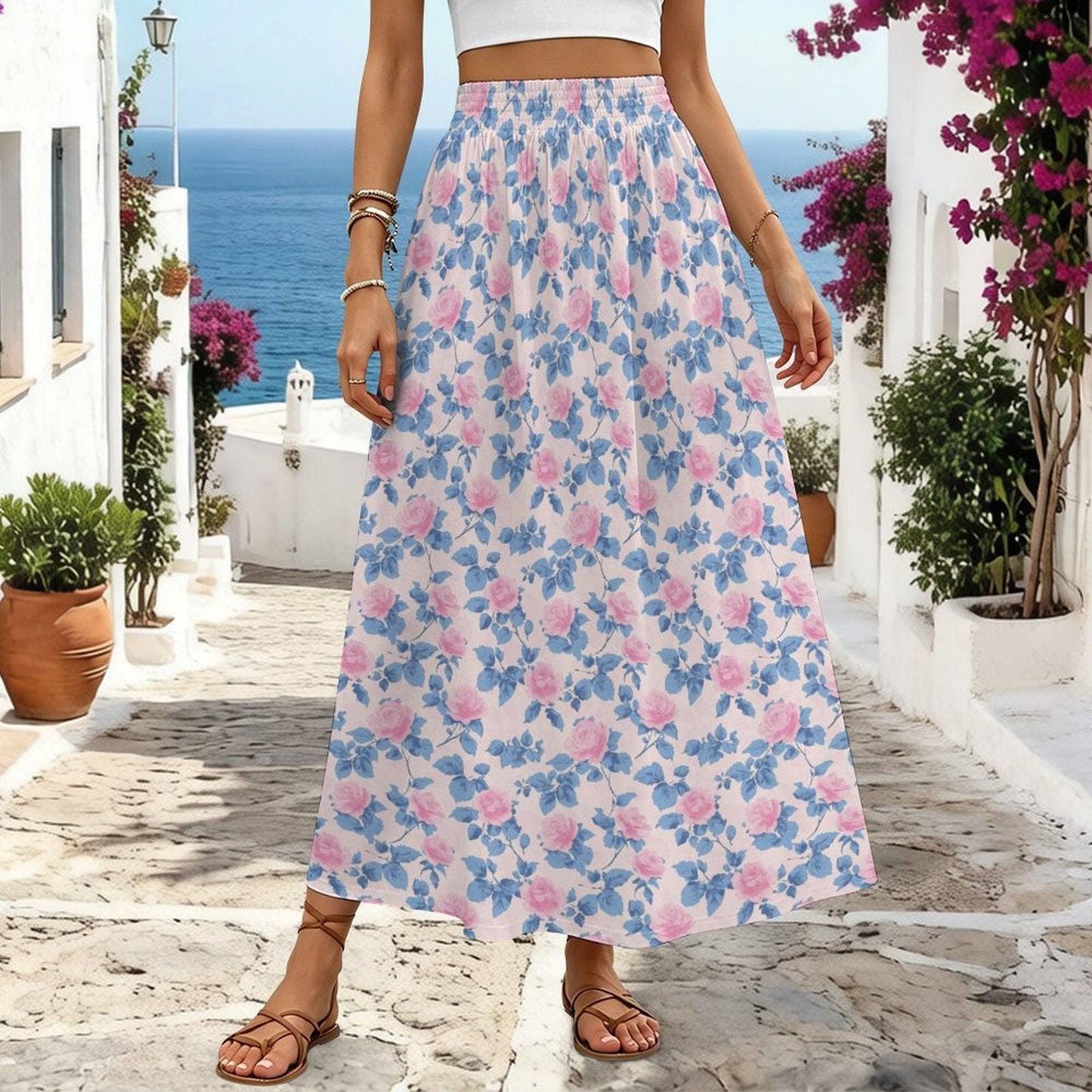 Blue Floral Maxi Skirt, Pink Roses, Cottagecore, High Waist, Flowy Ankle Length, Garden Party