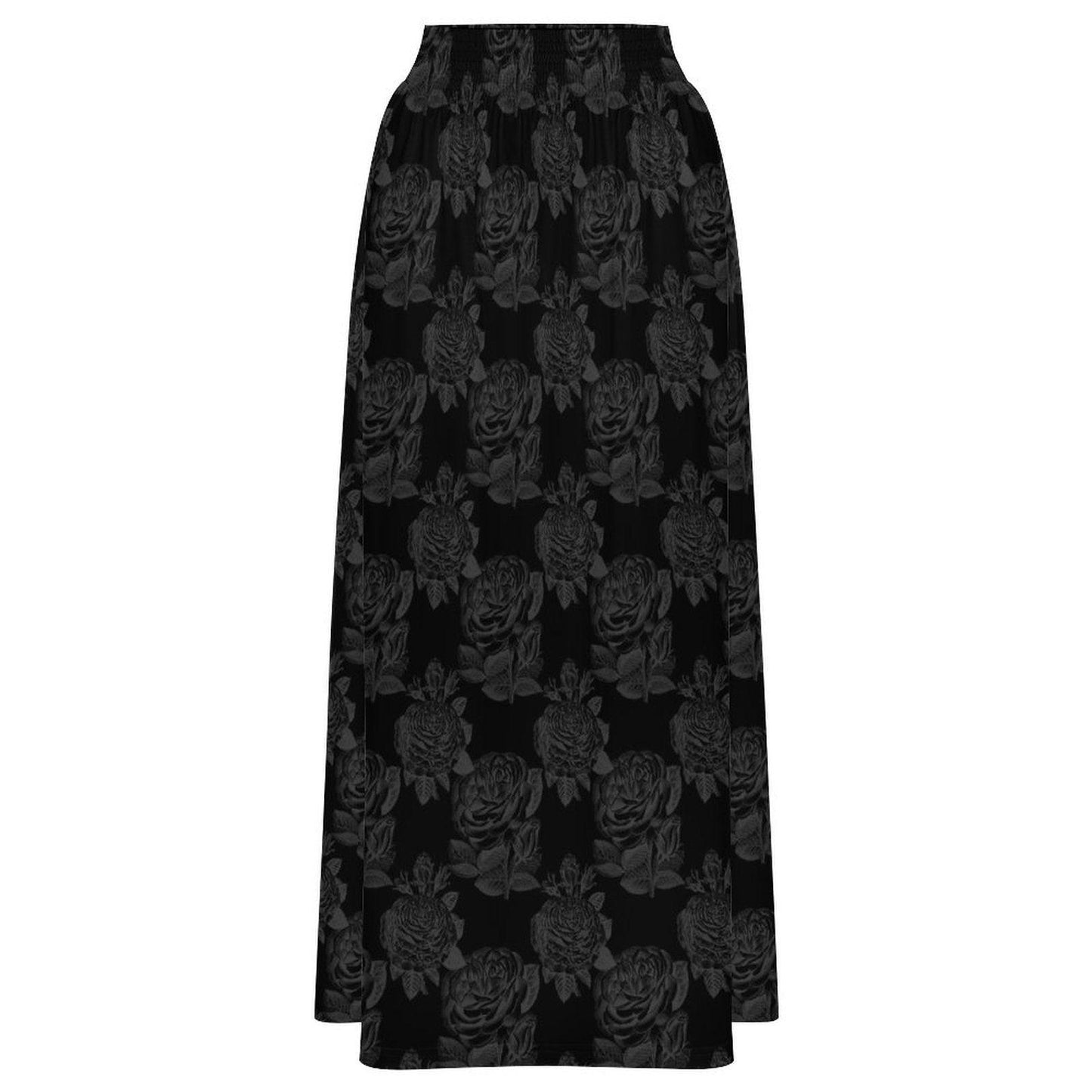 Black Rose Maxi Skirt, Dark Floral High Waist A-Line with Pockets