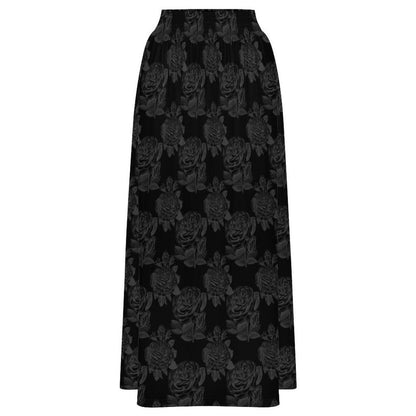 Black Rose Maxi Skirt, Dark Floral High Waist A-Line with Pockets