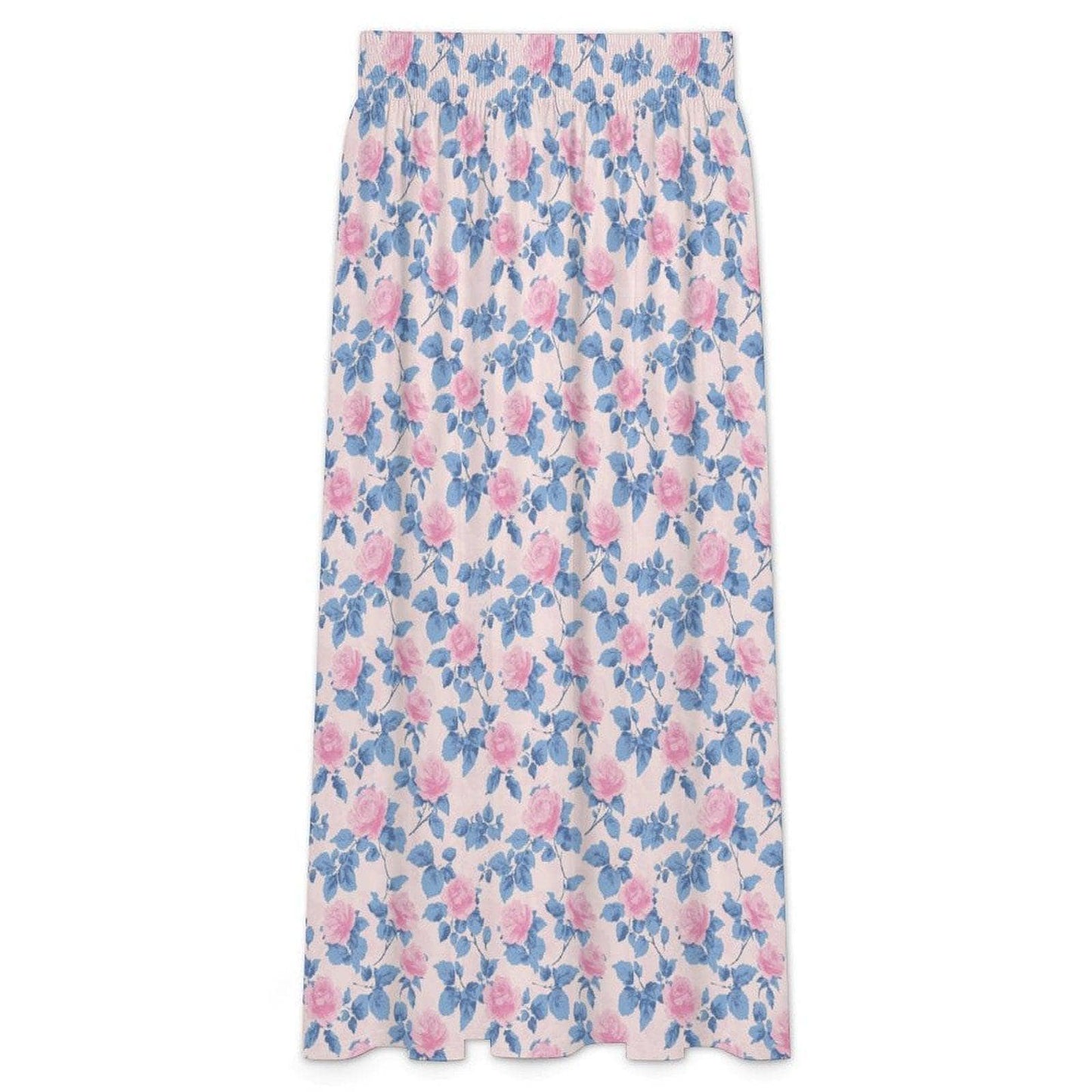 Blue Floral Maxi Skirt, Pink Roses, Cottagecore, High Waist, Flowy Ankle Length, Garden Party