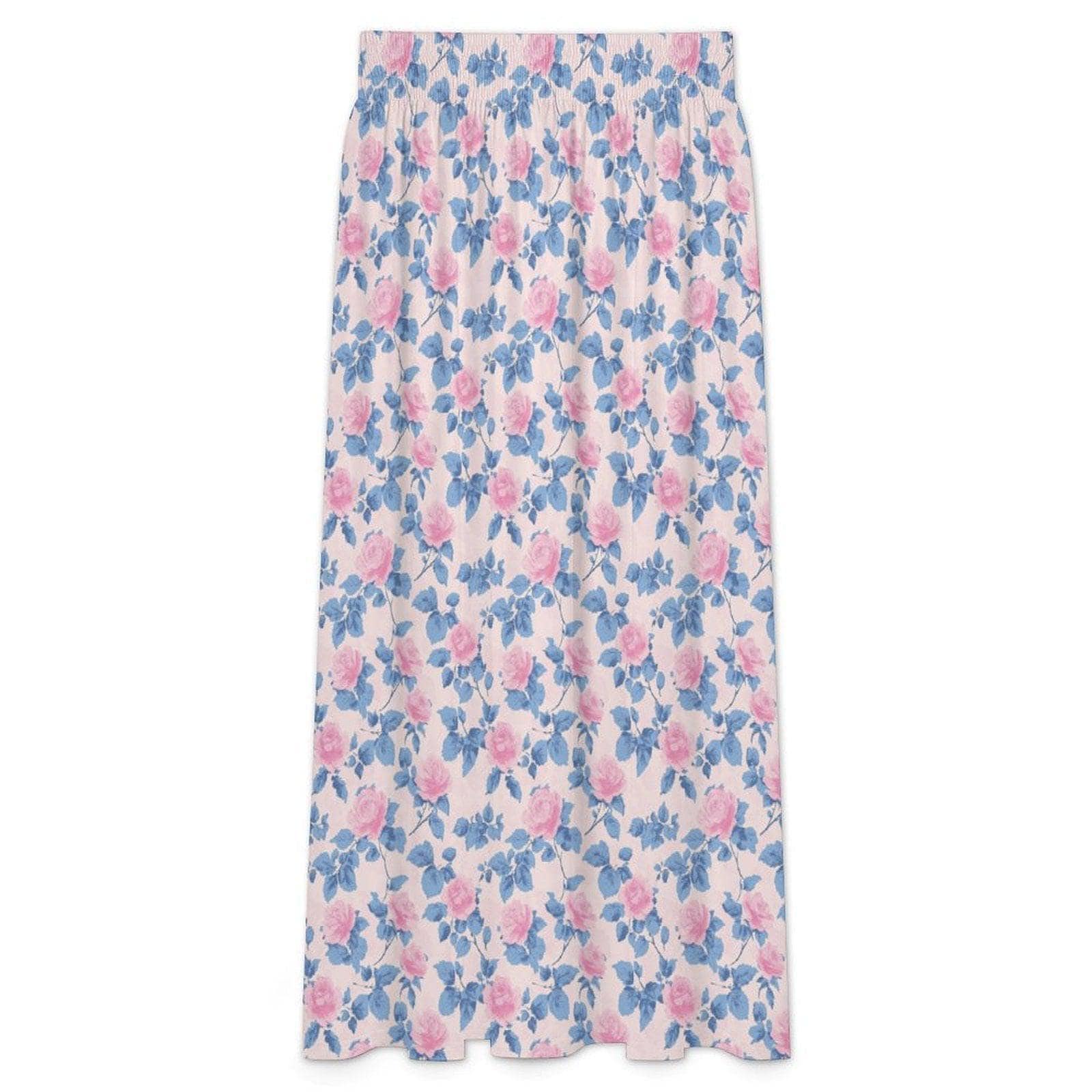 Blue Floral Maxi Skirt, Pink Roses, Cottagecore, High Waist, Flowy Ankle Length, Garden Party