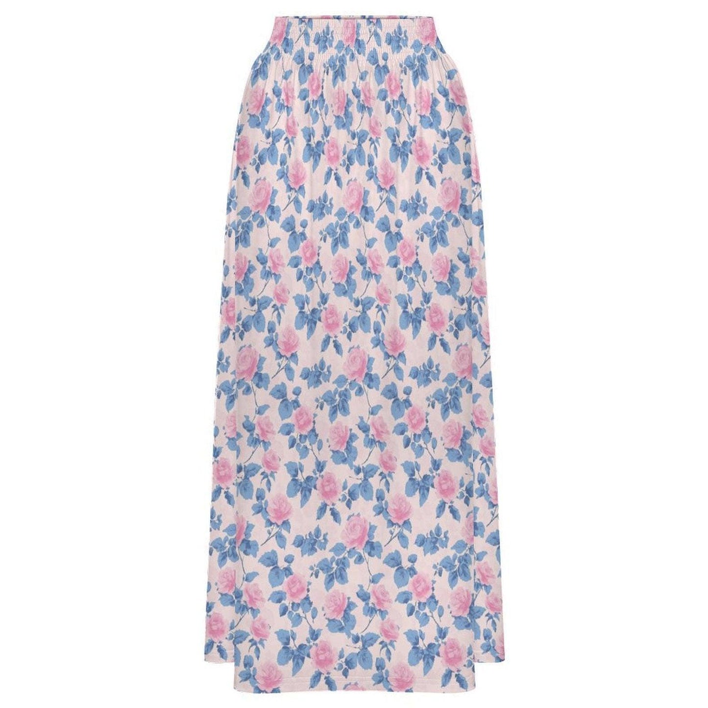 Blue Floral Maxi Skirt, Pink Roses, Cottagecore, High Waist, Flowy Ankle Length, Garden Party