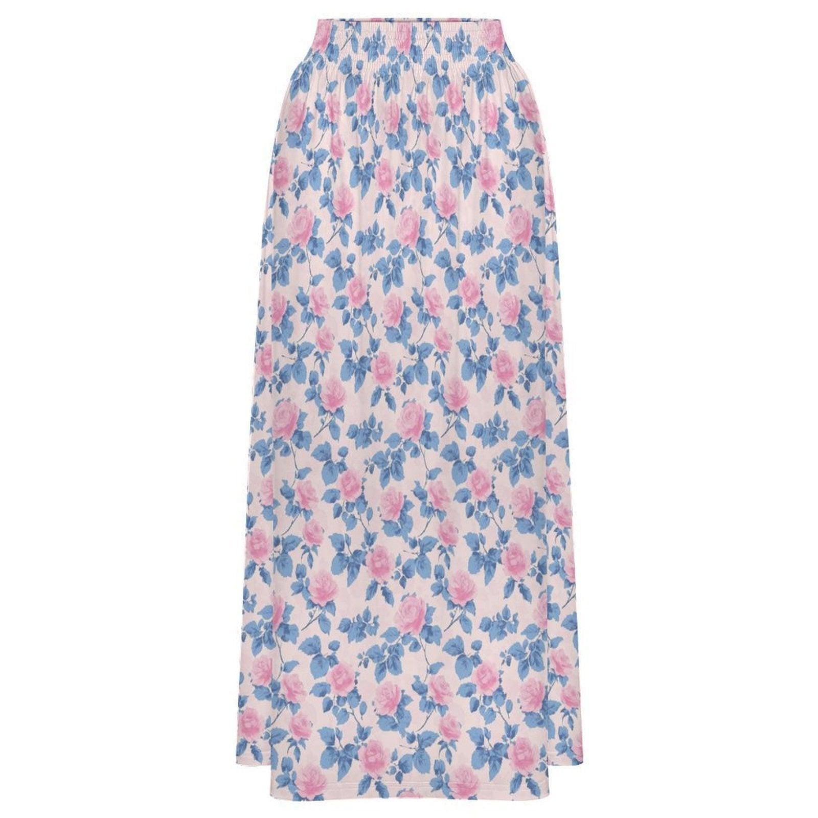 Blue Floral Maxi Skirt, Pink Roses, Cottagecore, High Waist, Flowy Ankle Length, Garden Party
