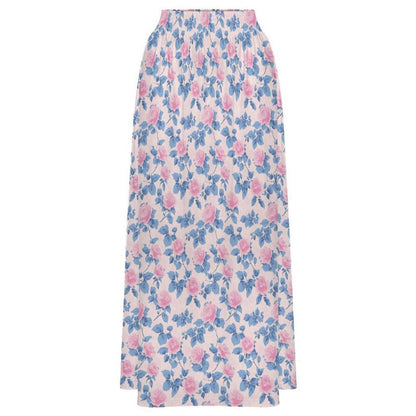 Blue Floral Maxi Skirt, Pink Roses, Cottagecore, High Waist, Flowy Ankle Length, Garden Party