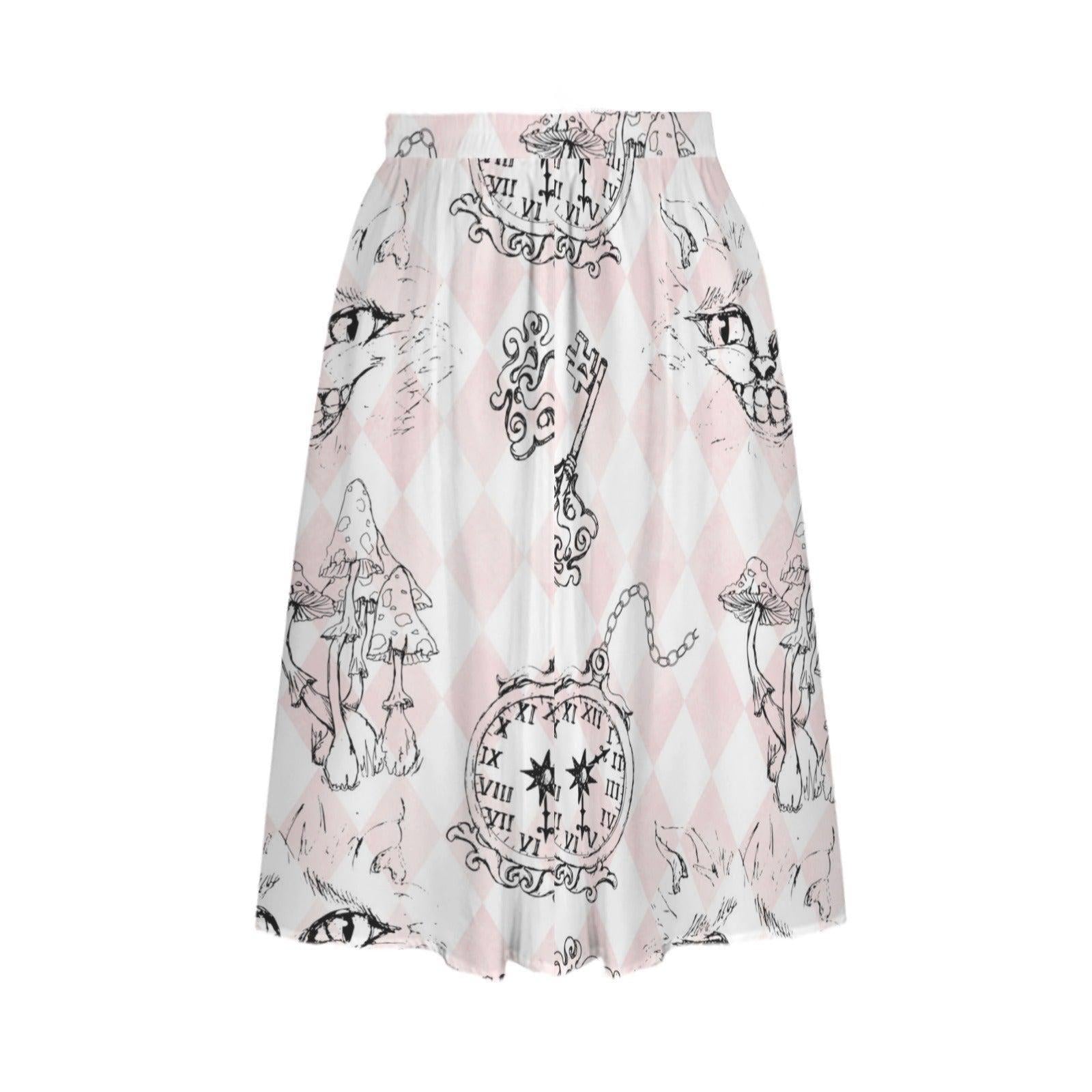 Blush Butterfly Midi Skirt, Vintage Letter Floral Print, Romantic High Waist Style