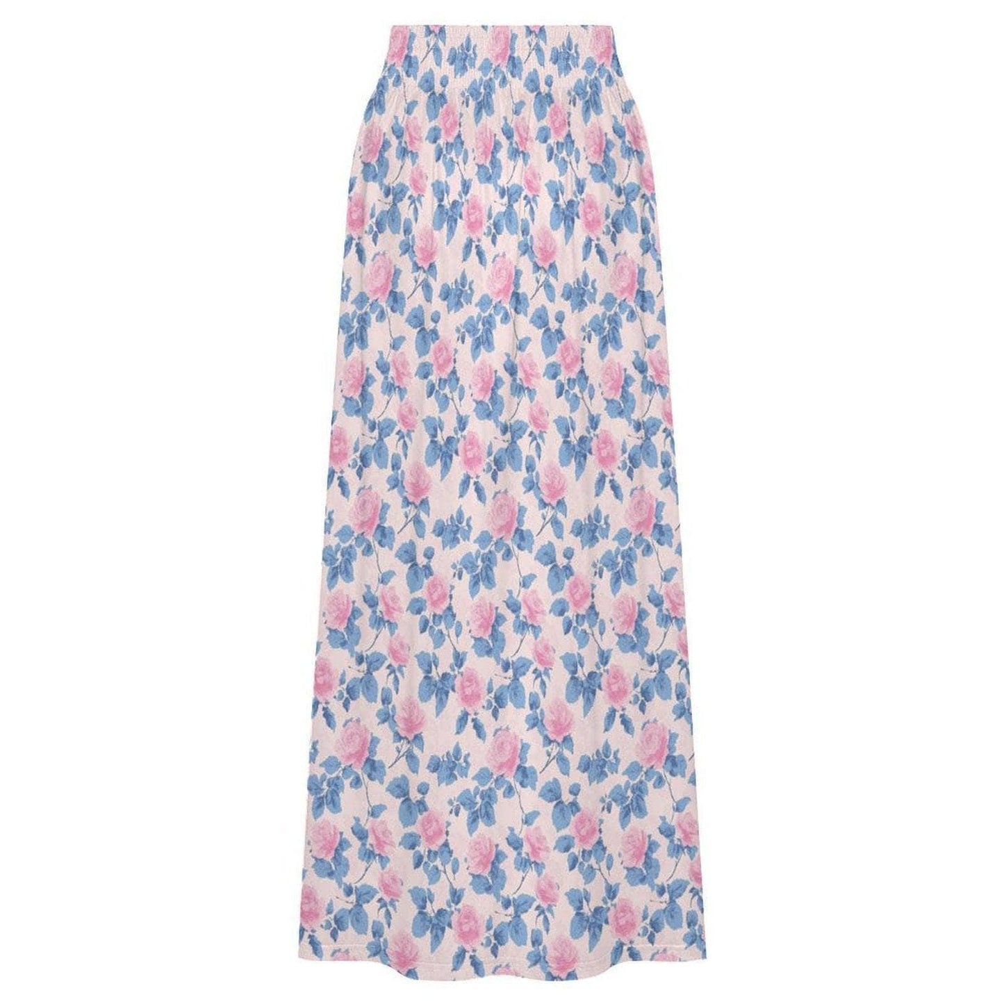 Blue Floral Maxi Skirt, Pink Roses, Cottagecore, High Waist, Flowy Ankle Length, Garden Party