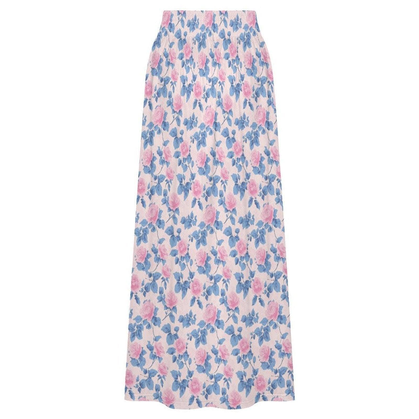 Blue Floral Maxi Skirt, Pink Roses, Cottagecore, High Waist, Flowy Ankle Length, Garden Party