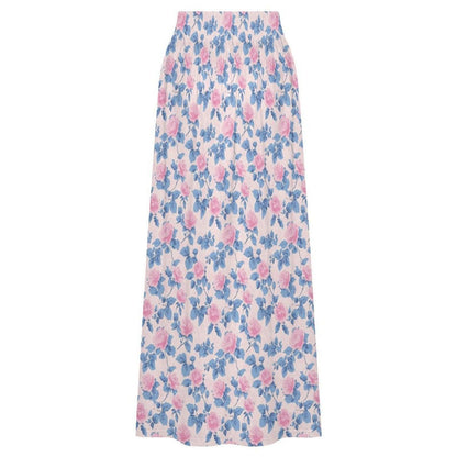Blue Floral Maxi Skirt, Pink Roses, Cottagecore, High Waist, Flowy Ankle Length, Garden Party