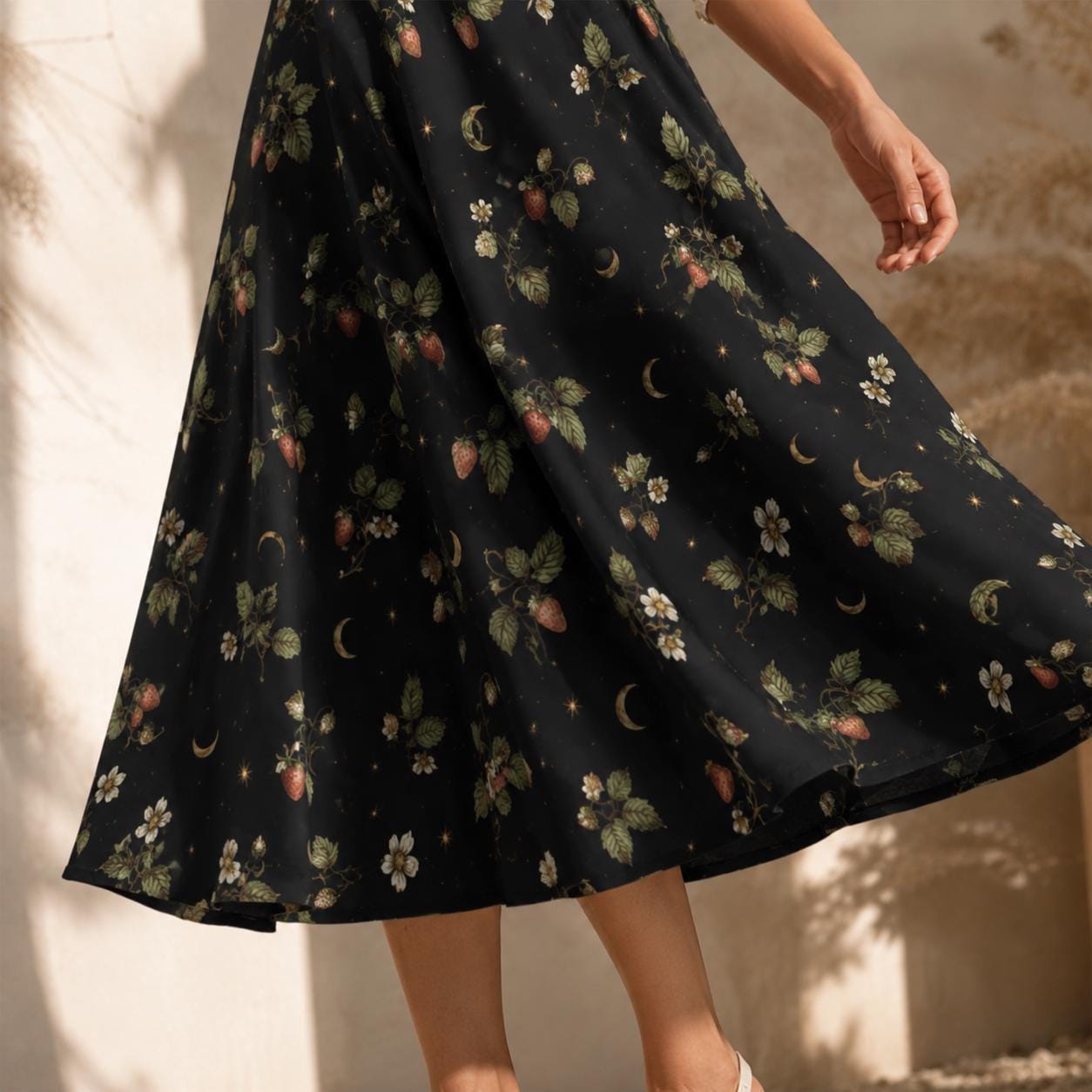 Botanical Moon Midi Skirt, Black Floral Garden A Line, Cottage Goth Nature Witch Wardrobe