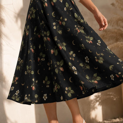 Botanical Moon Midi Skirt, Black Floral Garden A Line, Cottage Goth Nature Witch Wardrobe