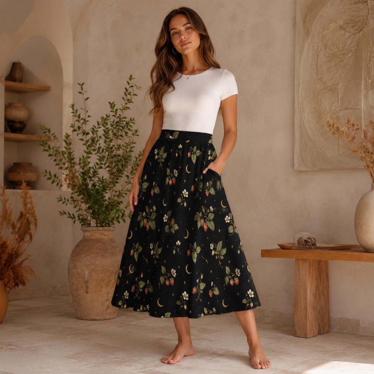 Botanical Moon Midi Skirt, Black Floral Garden A Line, Cottage Goth Nature Witch Wardrobe