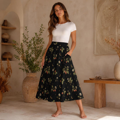 Botanical Moon Midi Skirt, Black Floral Garden A Line, Cottage Goth Nature Witch Wardrobe