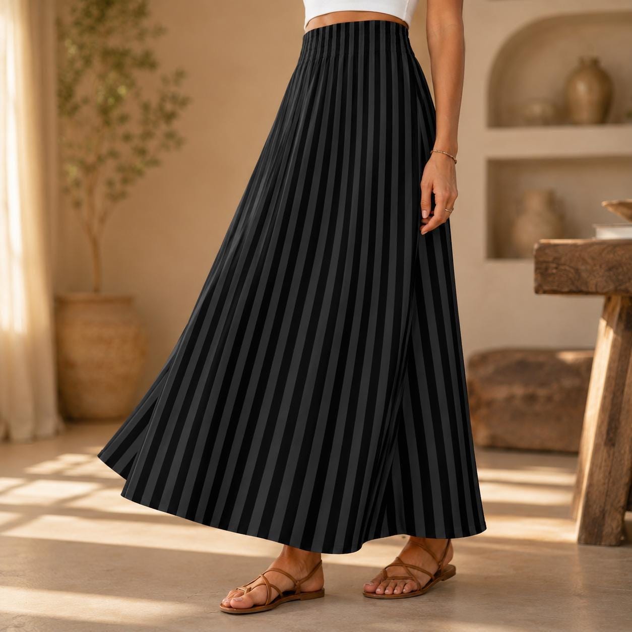 Black Striped Maxi Skirt, High Waist, Flowy Alternative Style