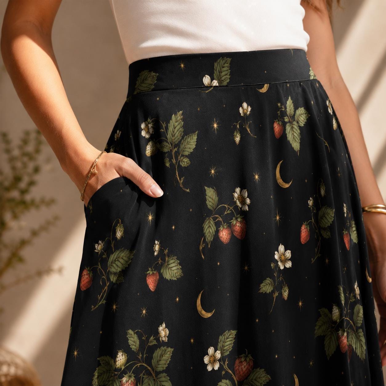 Botanical Moon Midi Skirt, Black Floral Garden A Line, Cottage Goth Nature Witch Wardrobe