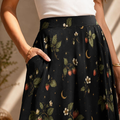 Botanical Moon Midi Skirt, Black Floral Garden A Line, Cottage Goth Nature Witch Wardrobe