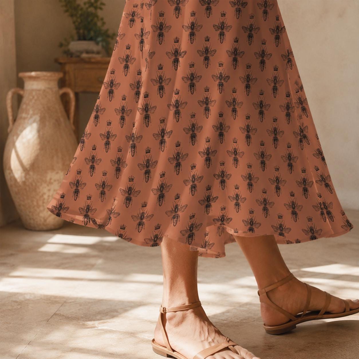 Queen Bee Midi Skirt, Terracotta A-Line, High Waist with Pockets, Cottagecore Style