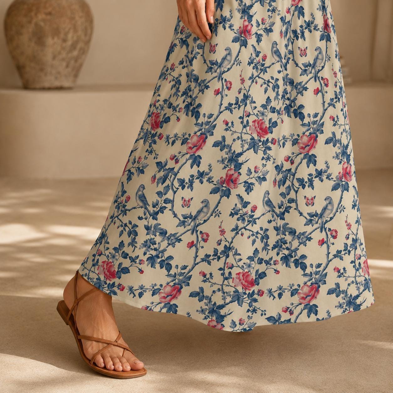 Vintage Floral Maxi Skirt, Blue Bird Rose Garden Print, Cottagecore Styling