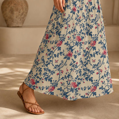 Vintage Floral Maxi Skirt, Blue Bird Rose Garden Print, Cottagecore Styling