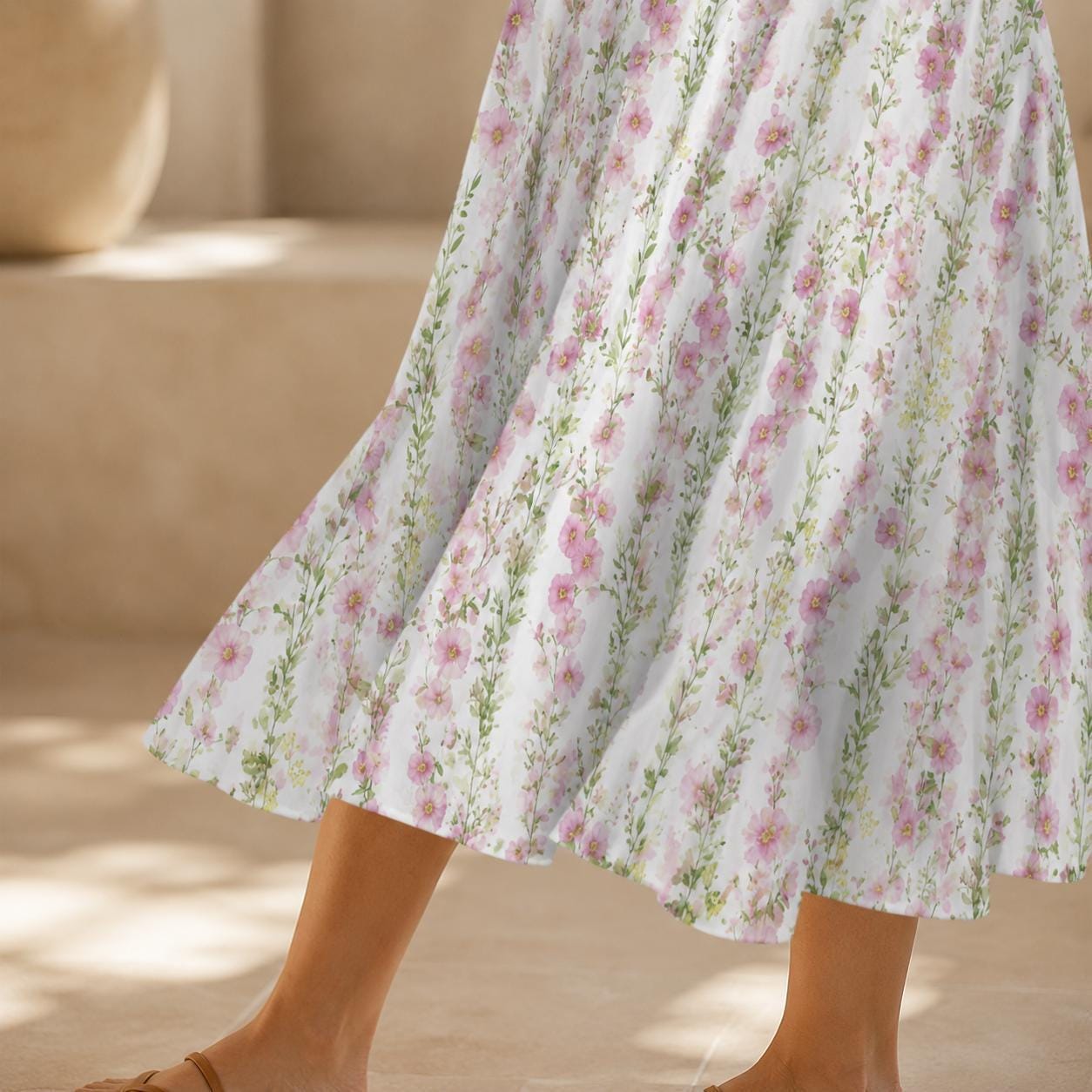 Pink Floral Midi Skirt, High Waist A-Line, Pockets, Cottage Garden Style