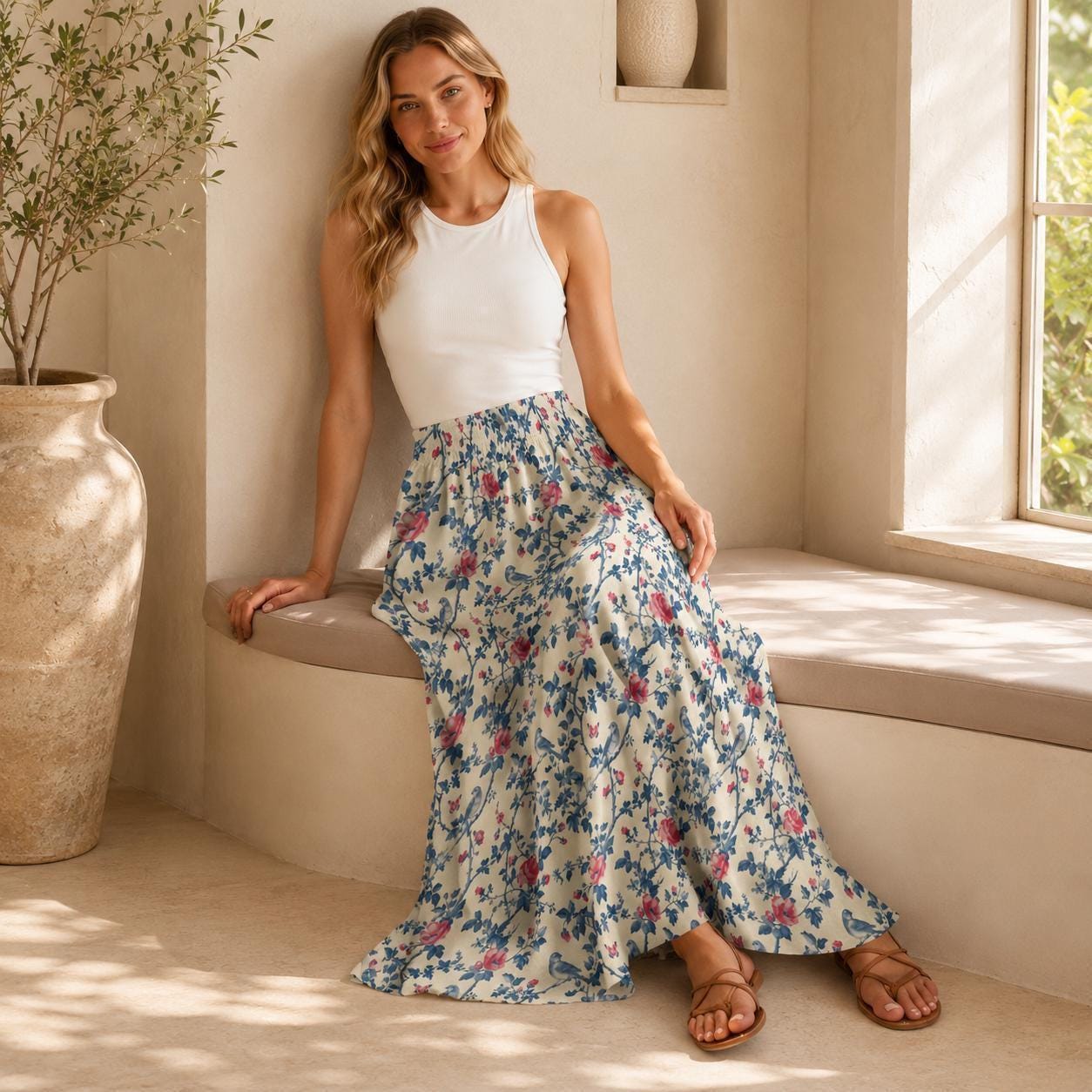 Vintage Floral Maxi Skirt, Blue Bird Rose Garden Print, Cottagecore Styling