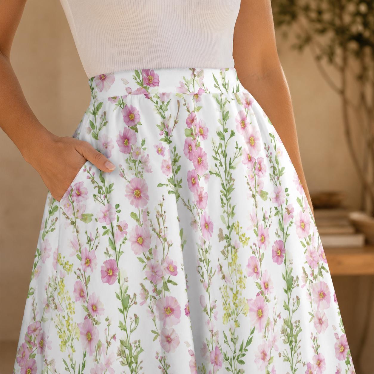 Pink Floral Midi Skirt, High Waist A-Line, Pockets, Cottage Garden Style