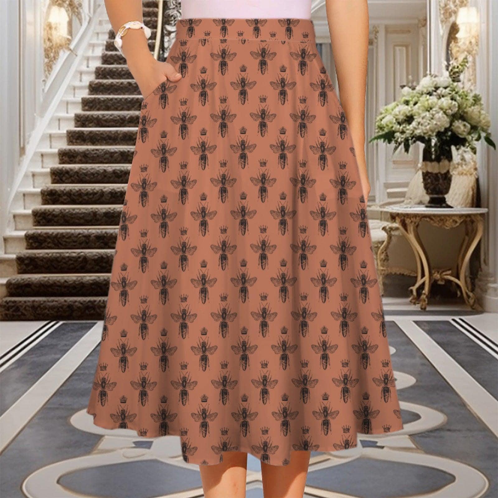 Queen Bee Midi Skirt, Terracotta A-Line, High Waist with Pockets, Cottagecore Style