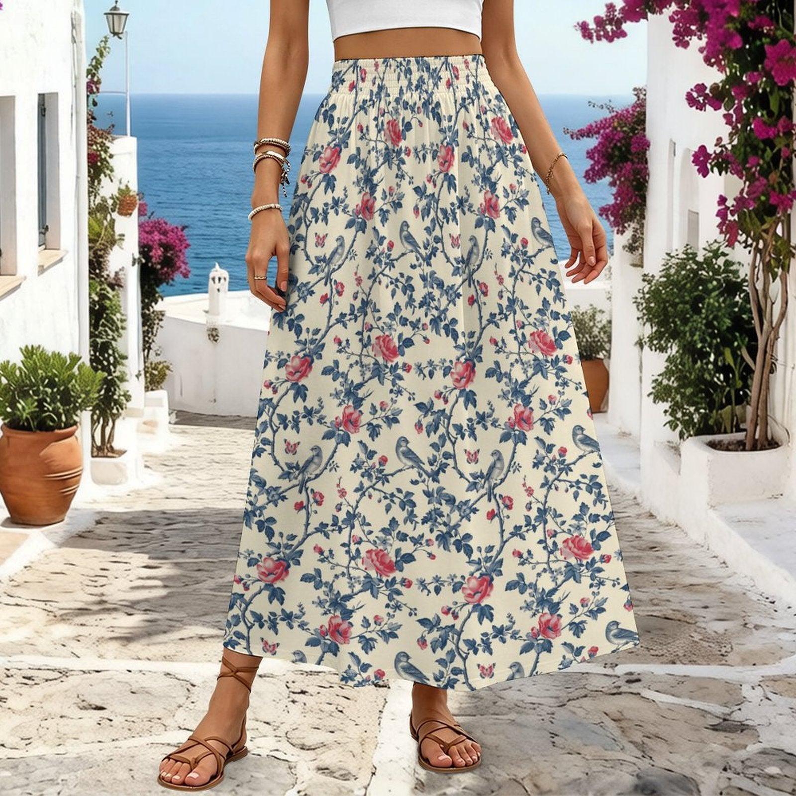Vintage Floral Maxi Skirt, Blue Bird Rose Garden Print, Cottagecore Styling
