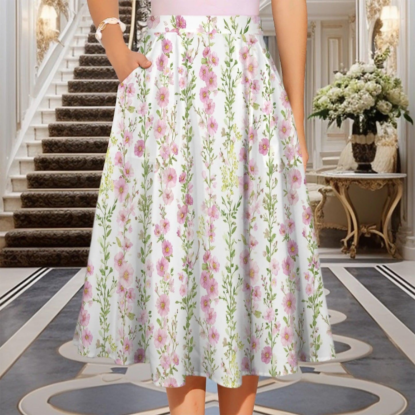 Pink Floral Midi Skirt, High Waist A-Line, Pockets, Cottage Garden Style